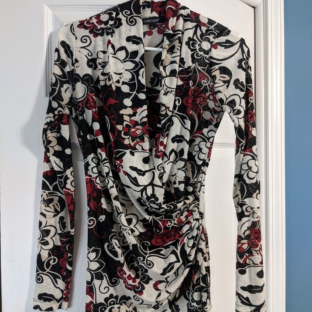 Red Black and White Long Sleeve Top -Karen Kane